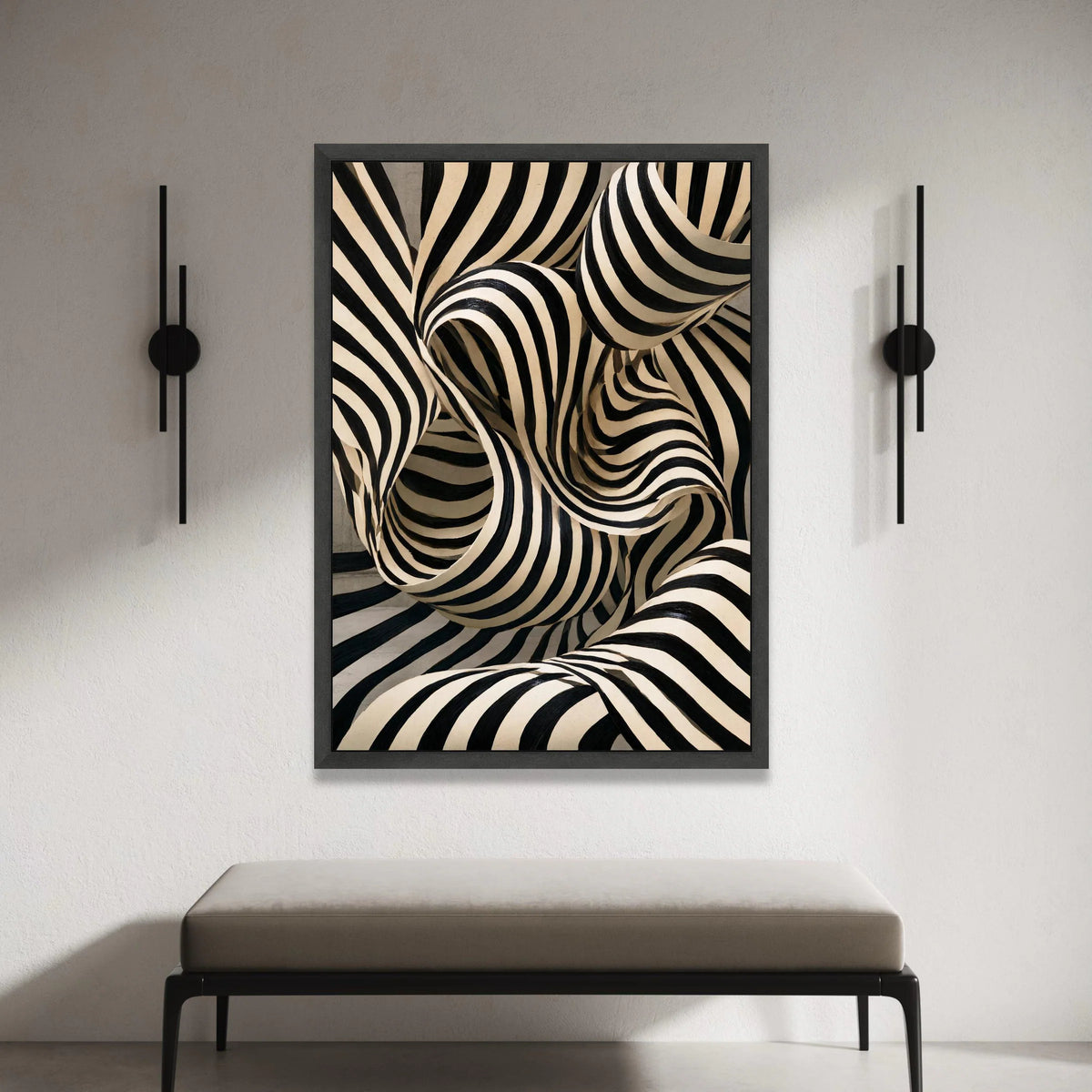 Abstract Black and White Striped Canvas, Modern Optical Illusion Wall Art, Curved Lines Design, Contemporary Canvas Canvas Print Art