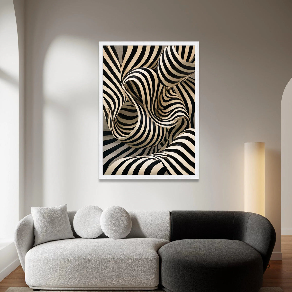 Abstract Black and White Striped Canvas, Modern Optical Illusion Wall Art, Curved Lines Design, Contemporary Canvas Canvas Print Art