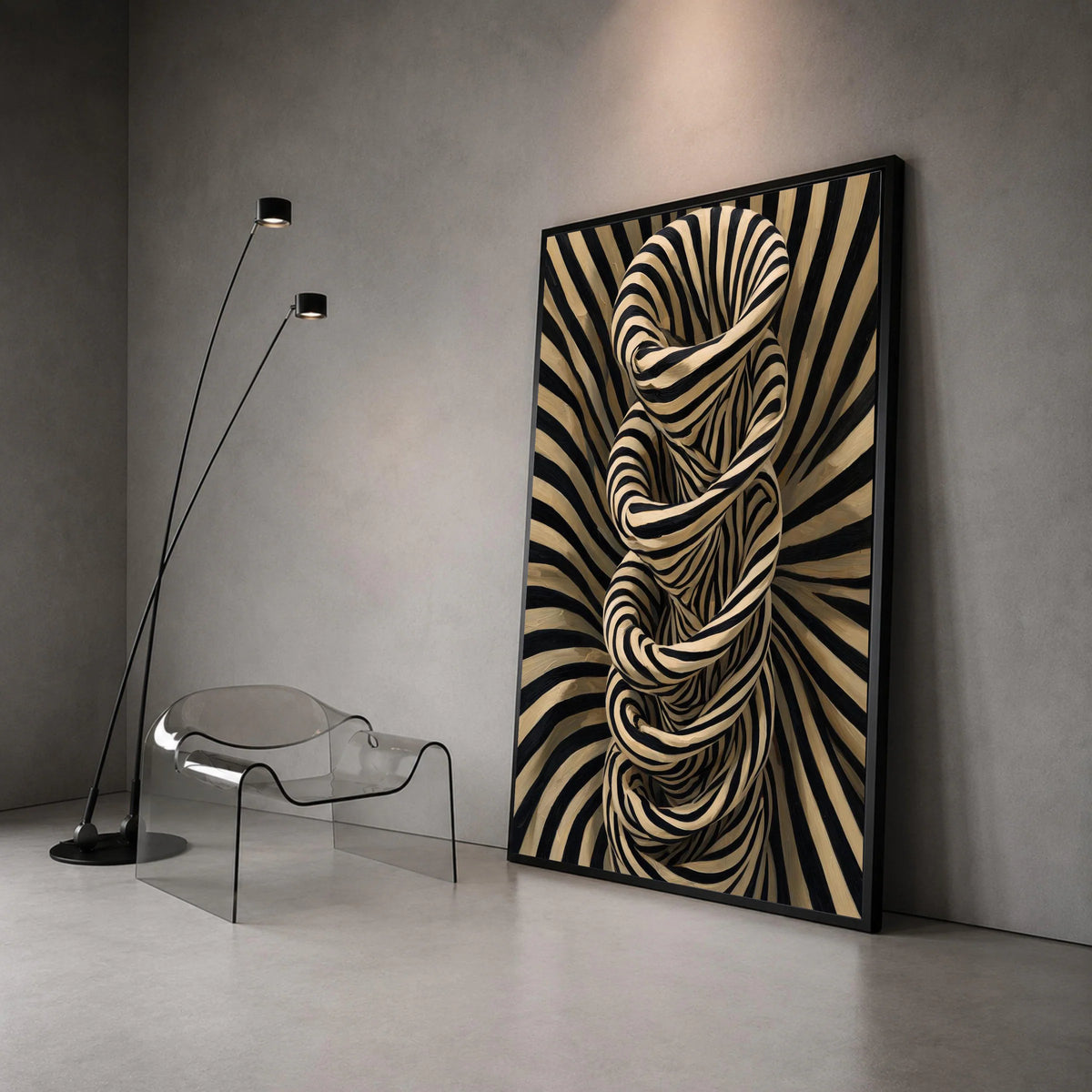 Abstract Spiral Design Canvas Wall Art, Black and Beige Stripes, Modern Optical Illusion Canvas, Geometric Home Decor, Canvas Print Art