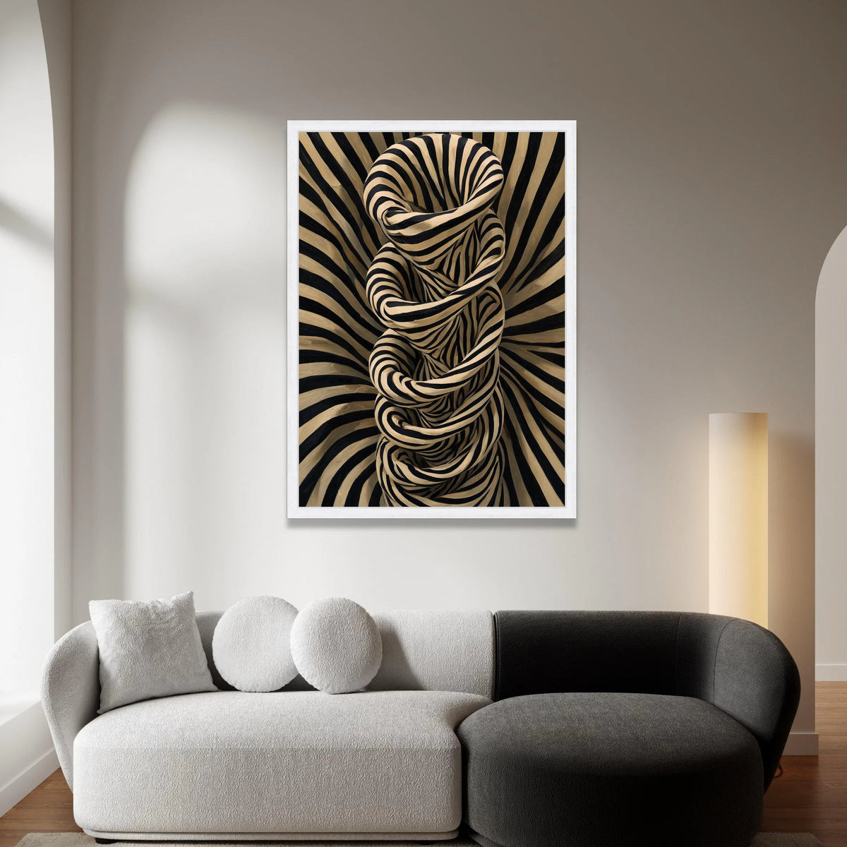 Abstract Spiral Design Canvas Wall Art, Black and Beige Stripes, Modern Optical Illusion Canvas, Geometric Home Decor, Canvas Print Art