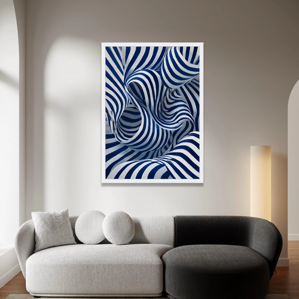 Abstract Blue and White Striped Canvas, Modern Swirling Pattern Wall Art, Nautical Home Décor, Contemporary Canvas Canvas Print Art