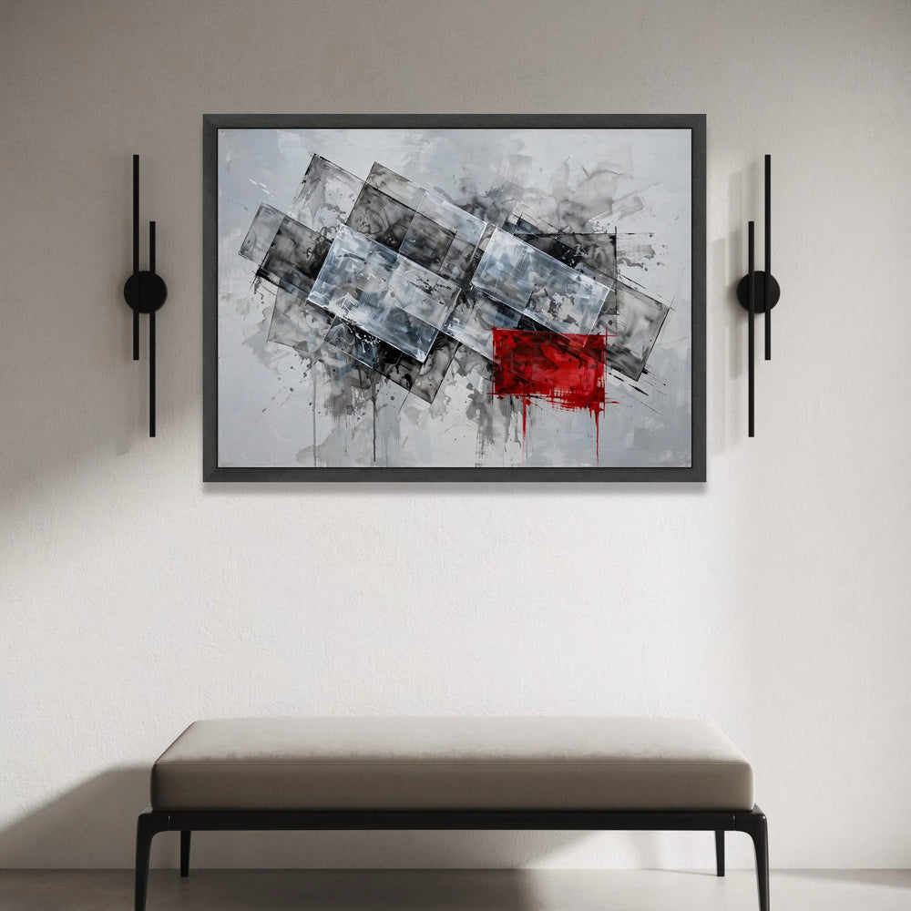 Modern Abstract Geometric Canvas Wall Art, Grey and White Rectangles with Red Accent, Contemporary Home Decoration, Ready Canvas Print Art