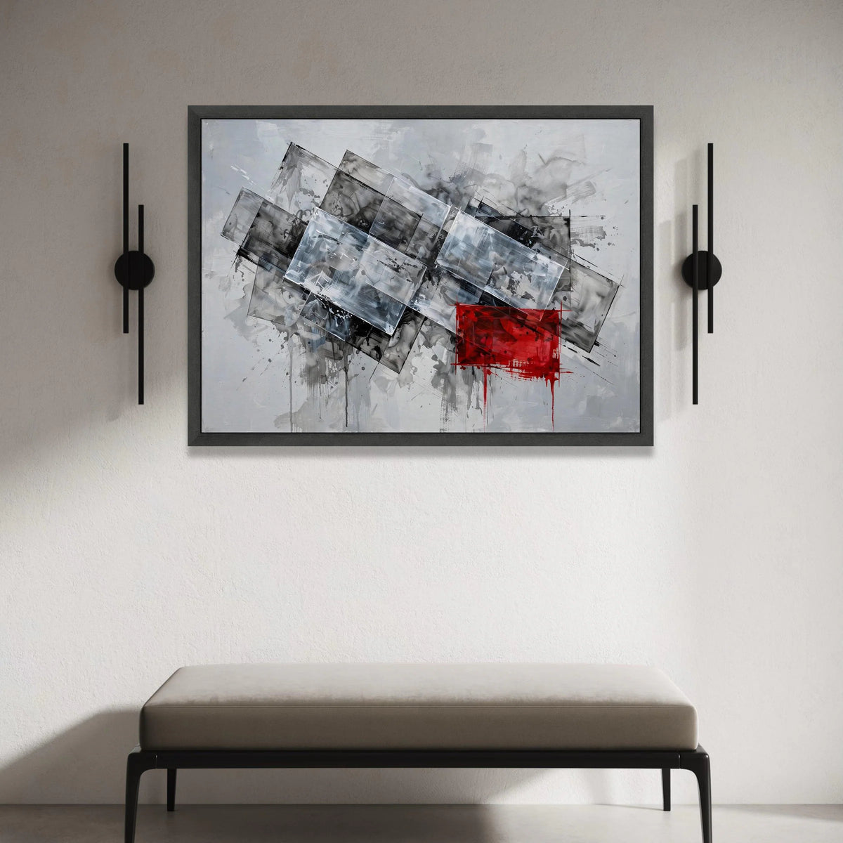 Modern Abstract Geometric Canvas Wall Art, Grey and White Rectangles with Red Accent, Contemporary Home Decoration, Ready Canvas Print Art