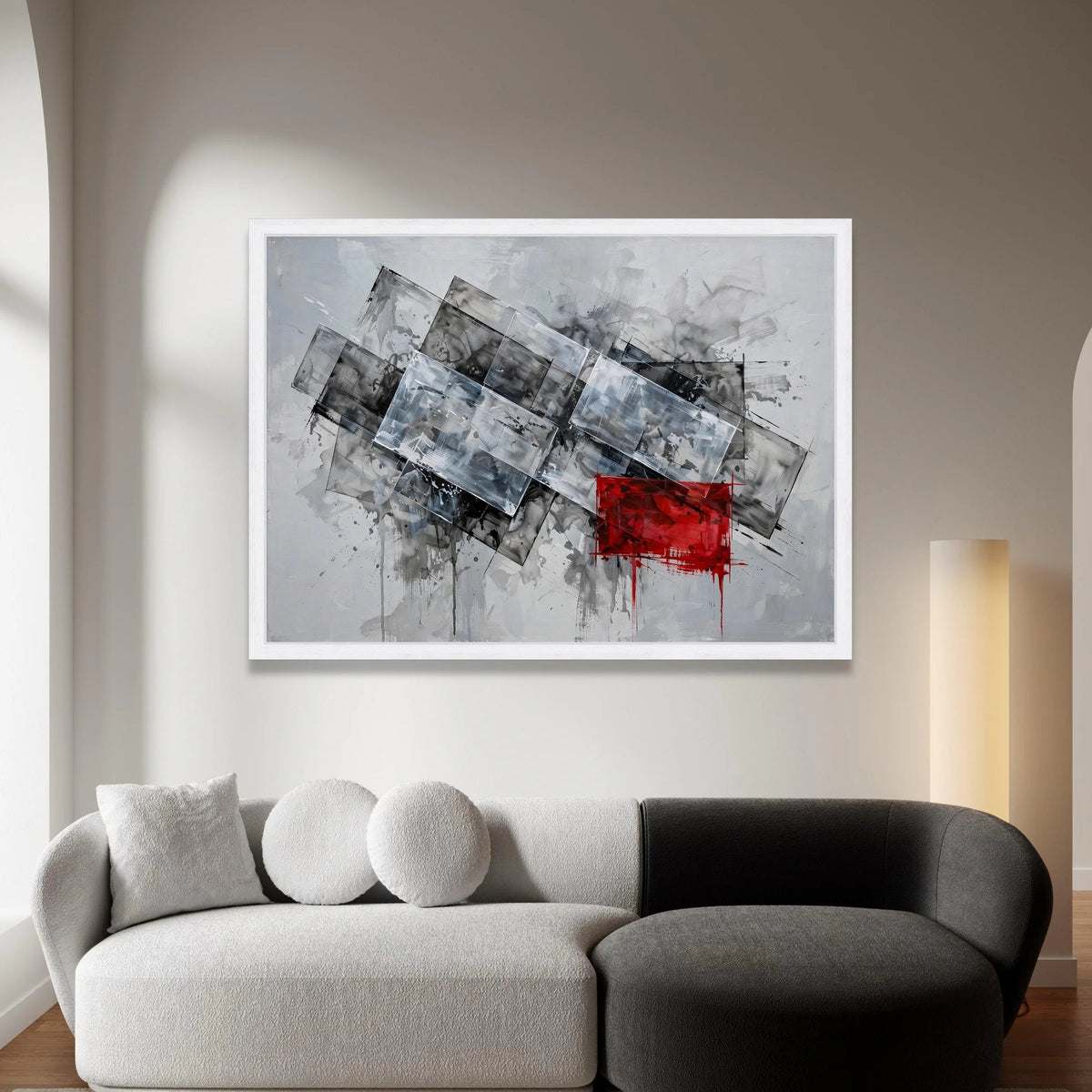 Modern Abstract Geometric Canvas Wall Art, Grey and White Rectangles with Red Accent, Contemporary Home Decoration, Ready Canvas Print Art