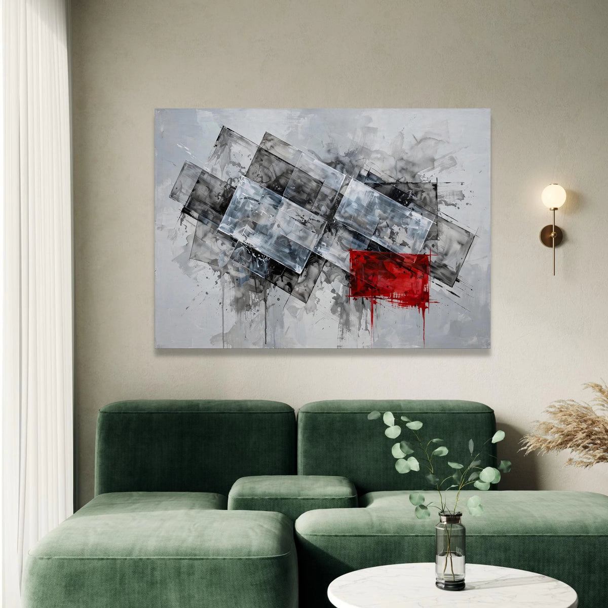 Modern Abstract Geometric Canvas Wall Art, Grey and White Rectangles with Red Accent, Contemporary Home Decoration, Ready Canvas Print Art