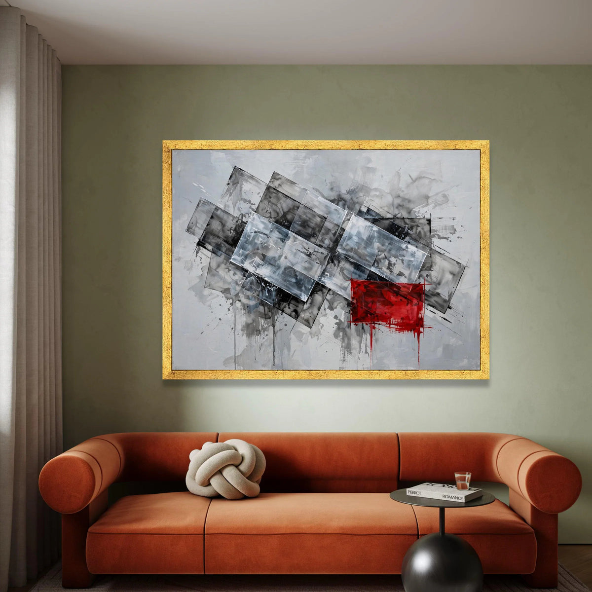 Modern Abstract Geometric Canvas Wall Art, Grey and White Rectangles with Red Accent, Contemporary Home Decoration, Ready Canvas Print Art