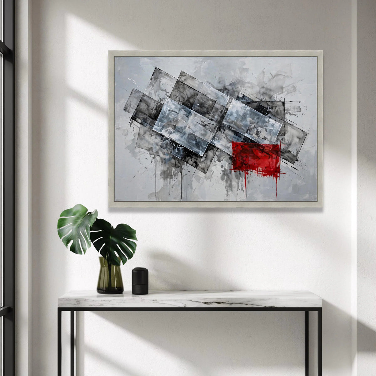 Modern Abstract Geometric Canvas Wall Art, Grey and White Rectangles with Red Accent, Contemporary Home Decoration, Ready Canvas Print Art