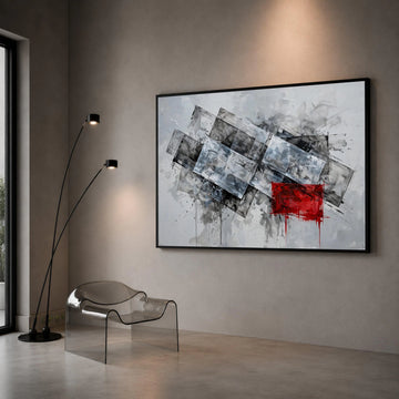 Modern Abstract Geometric Canvas Wall Art, Grey and White Rectangles with Red Accent, Contemporary Home Decoration, Ready Canvas Print Art