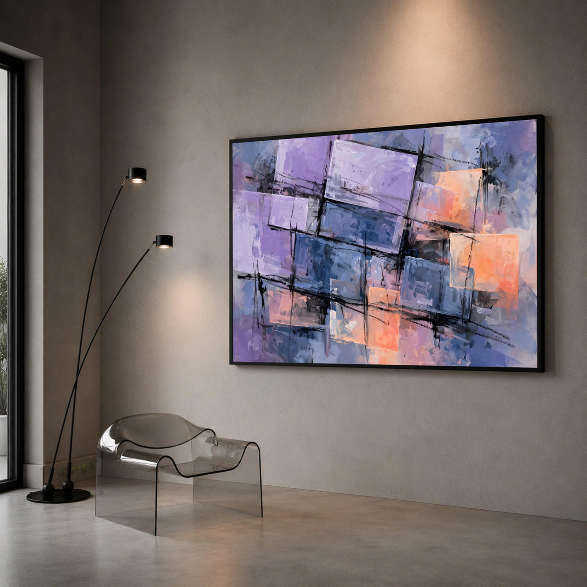 Modern Abstract Geometry Canvas Wall Art, Purple and Blue Rectangle Design, Contemporary Home Decor, Artistic Canvas Canvas Print Art