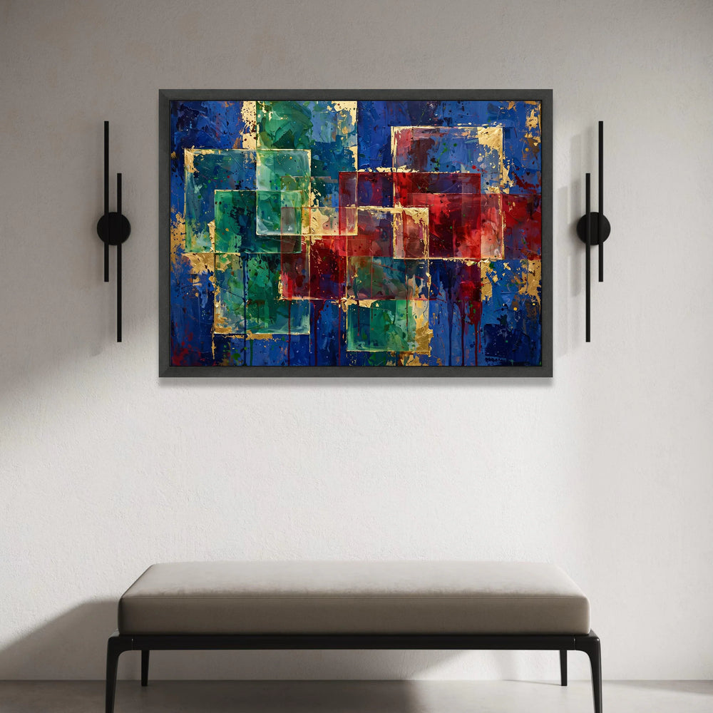 Modern Geometric Abstract Canvas, Colorful Square Design, Blue Red Green Wall Art, Contemporary Home Decoration, Vibrant Canvas Print Art