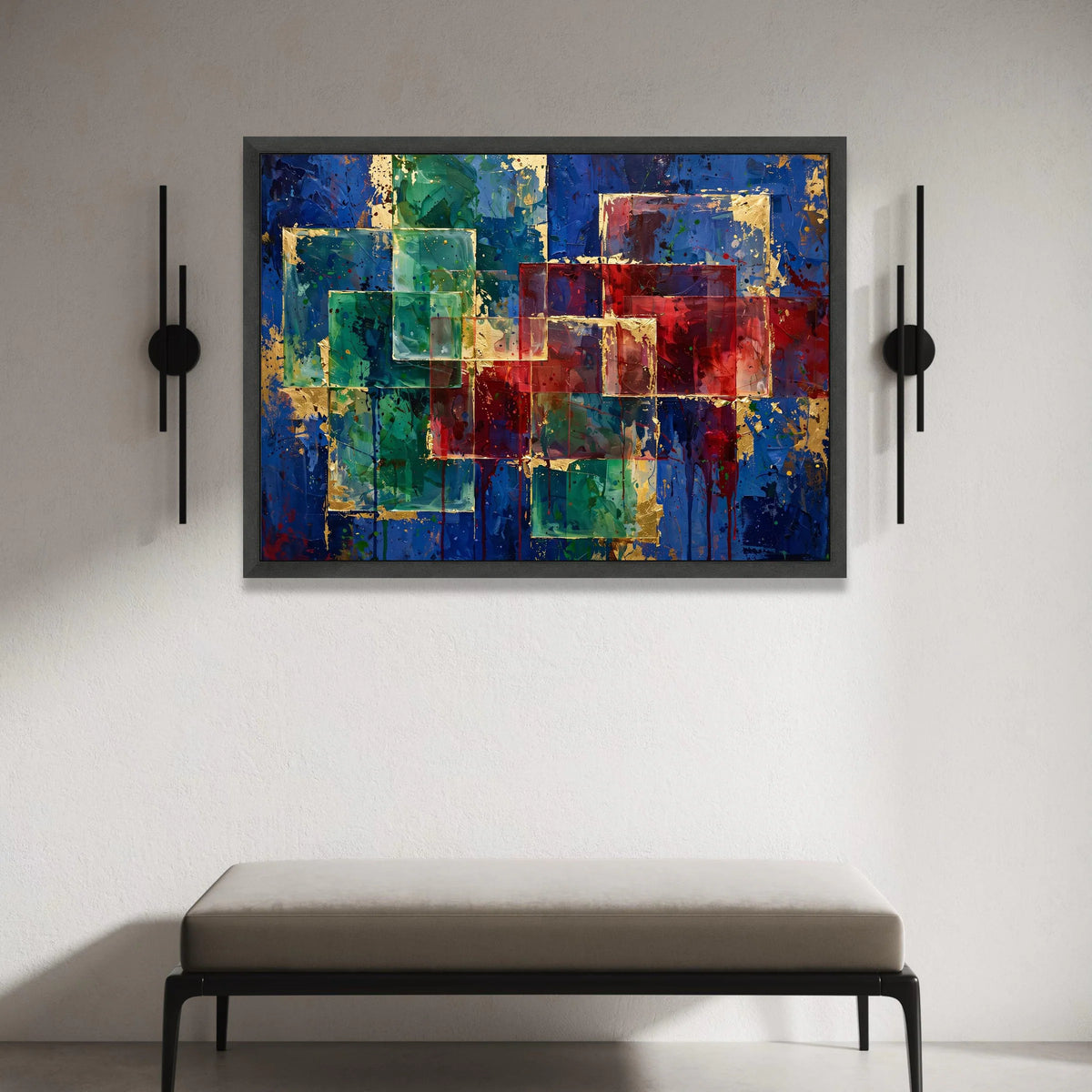 Modern Geometric Abstract Canvas, Colorful Square Design, Blue Red Green Wall Art, Contemporary Home Decoration, Vibrant Canvas Print Art