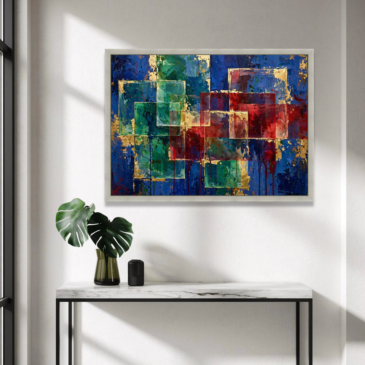 Modern Geometric Abstract Canvas, Colorful Square Design, Blue Red Green Wall Art, Contemporary Home Decoration, Vibrant Canvas Print Art