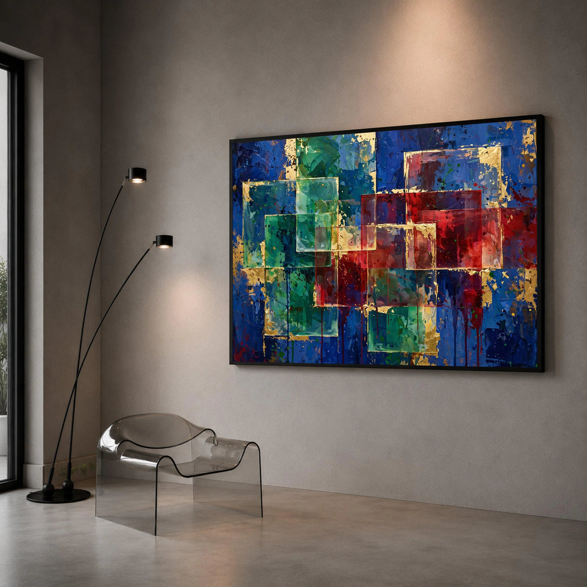 Modern Geometric Abstract Canvas, Colorful Square Design, Blue Red Green Wall Art, Contemporary Home Decoration, Vibrant Canvas Print Art
