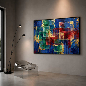 Modern Geometric Abstract Canvas, Colorful Square Design, Blue Red Green Wall Art, Contemporary Home Decoration, Vibrant Canvas Print Art