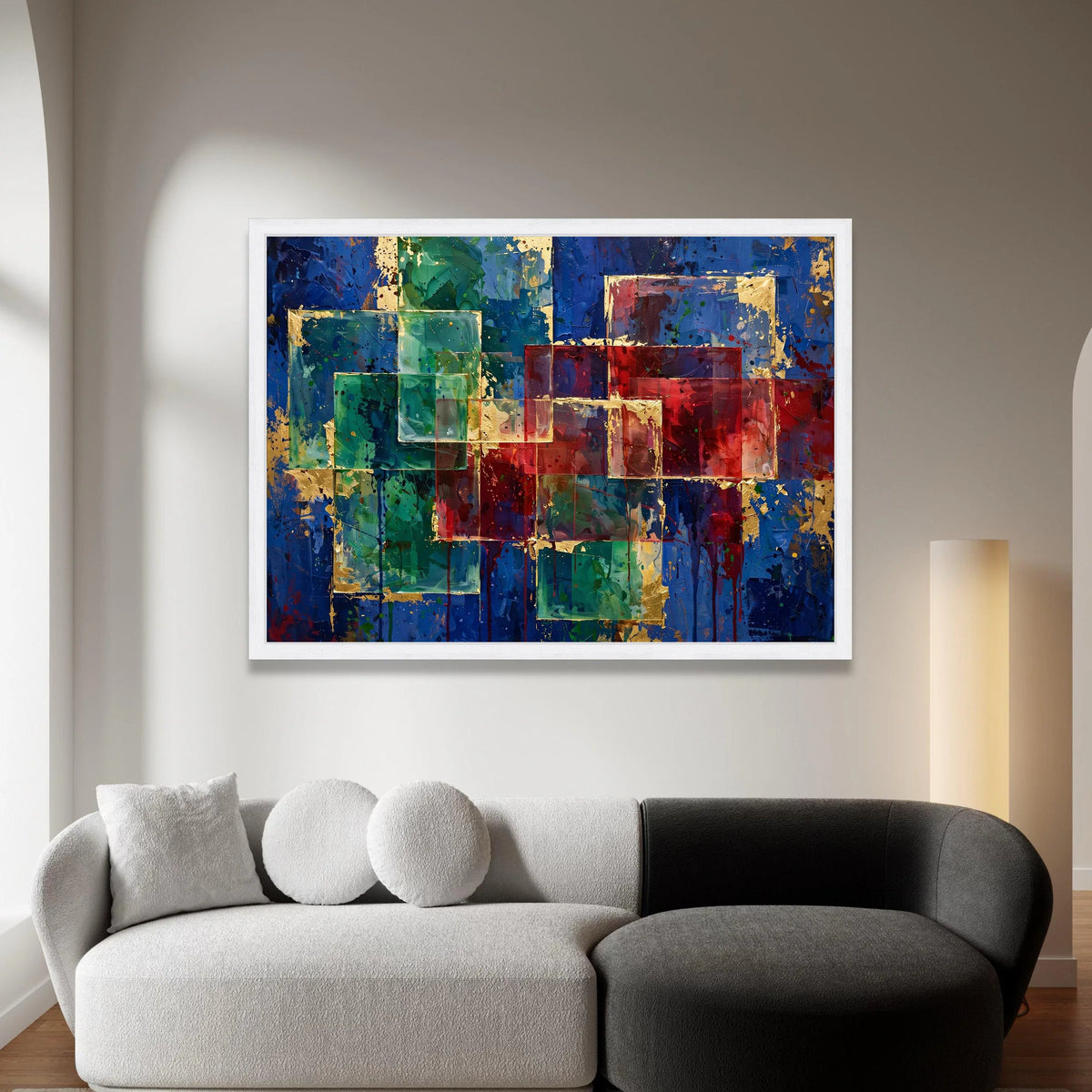 Modern Geometric Abstract Canvas, Colorful Square Design, Blue Red Green Wall Art, Contemporary Home Decoration, Vibrant Canvas Print Art