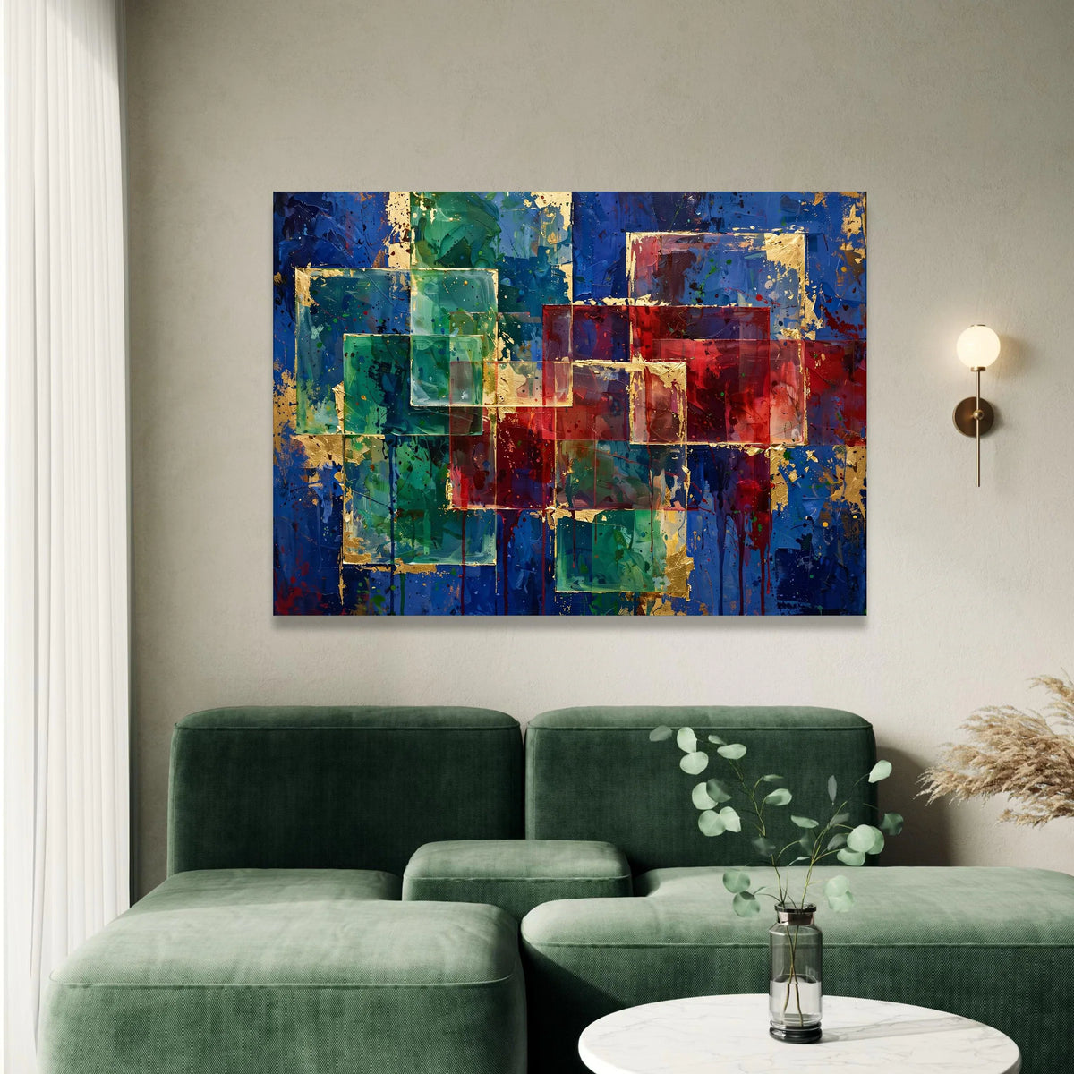 Modern Geometric Abstract Canvas, Colorful Square Design, Blue Red Green Wall Art, Contemporary Home Decoration, Vibrant Canvas Print Art