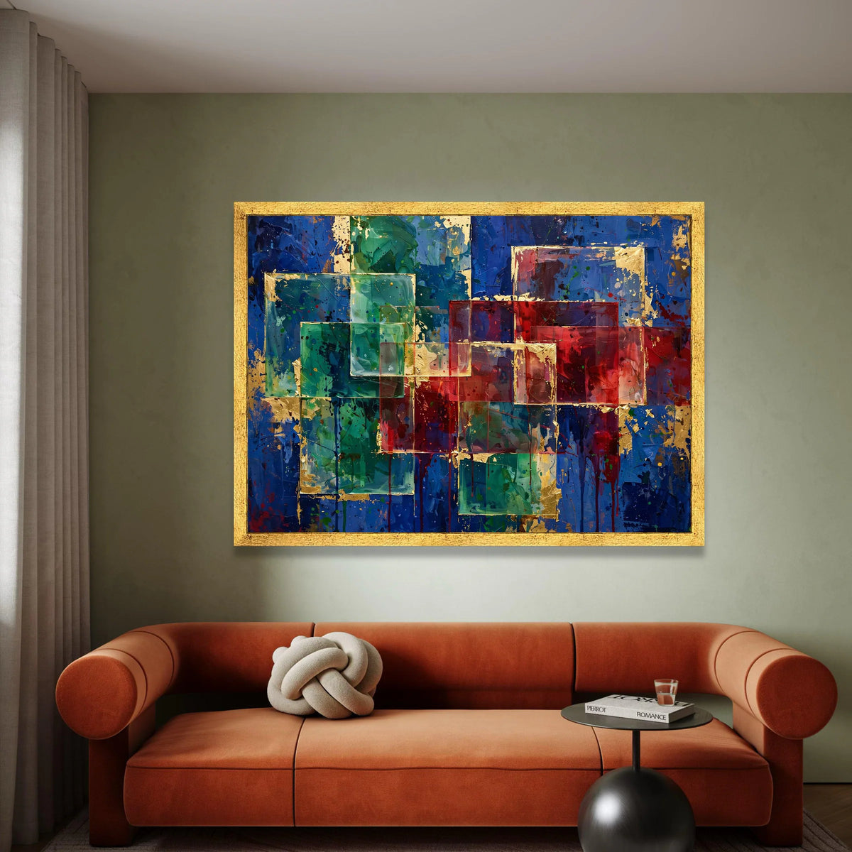 Modern Geometric Abstract Canvas, Colorful Square Design, Blue Red Green Wall Art, Contemporary Home Decoration, Vibrant Canvas Print Art