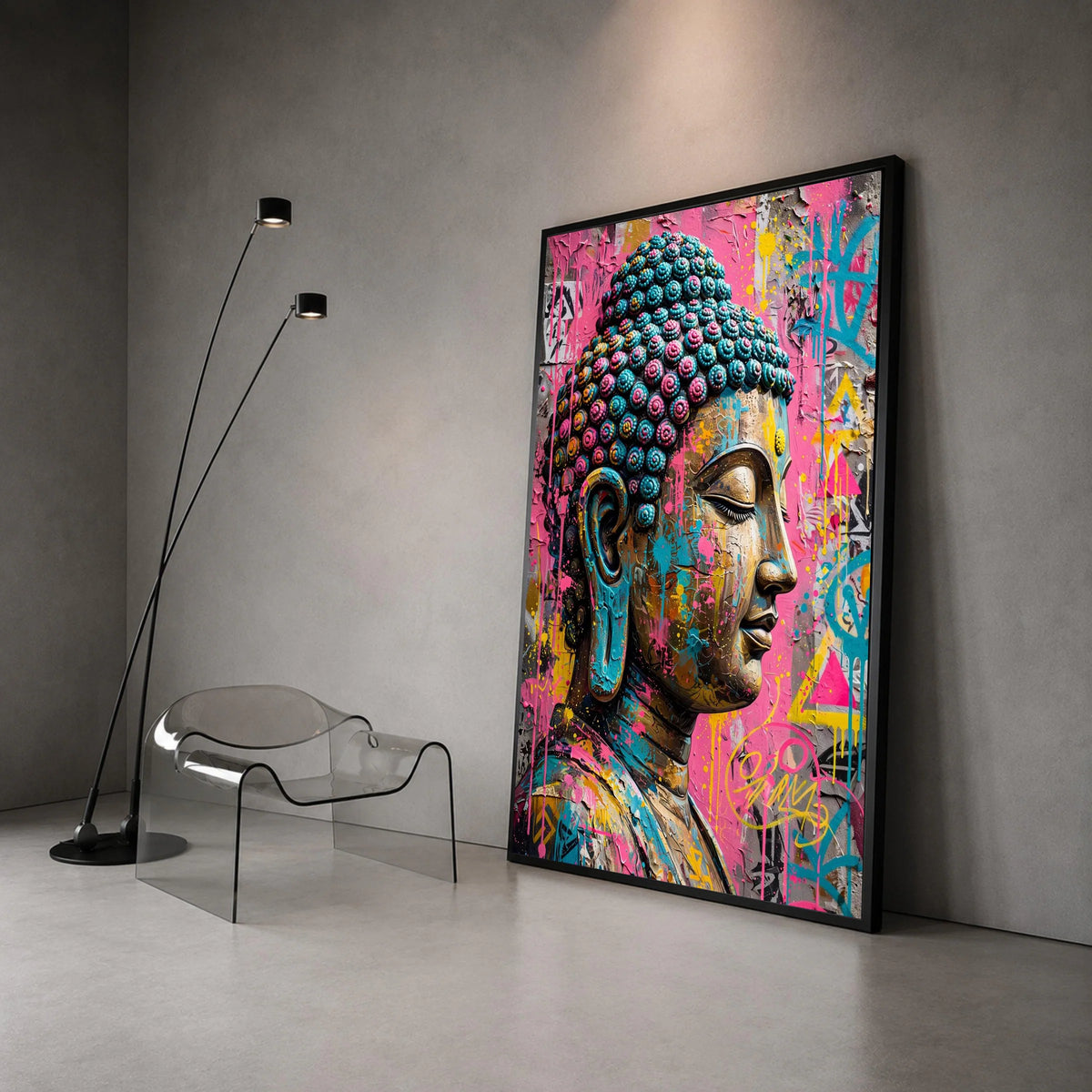 Vibrant Buddha Head Canvas, Urban Street Art Wall Decor, Colorful Spiritual Canvas, Modern Meditation Art, Ready to Hang Canvas Print Art