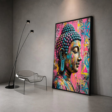Vibrant Buddha Head Canvas, Urban Street Art Wall Decor, Colorful Spiritual Canvas, Modern Meditation Art, Ready to Hang Canvas Print Art