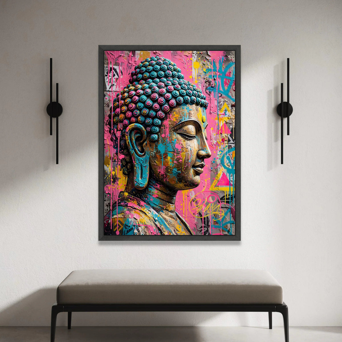 Vibrant Buddha Head Canvas, Urban Street Art Wall Decor, Colorful Spiritual Canvas, Modern Meditation Art, Ready to Hang Canvas Print Art