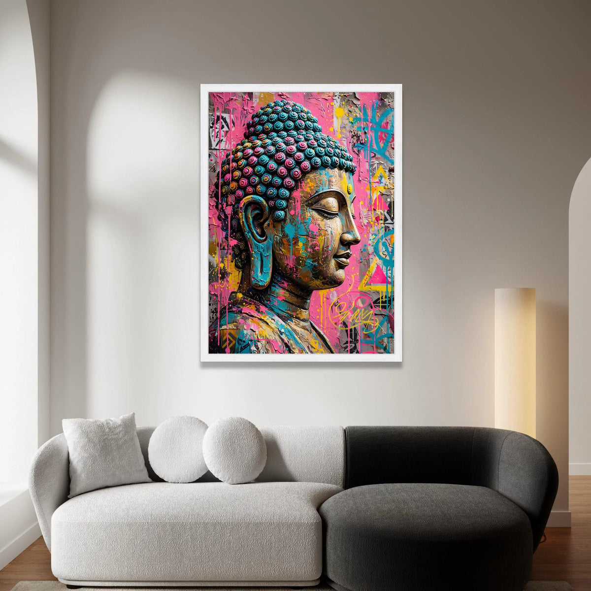 Vibrant Buddha Head Canvas, Urban Street Art Wall Decor, Colorful Spiritual Canvas, Modern Meditation Art, Ready to Hang Canvas Print Art