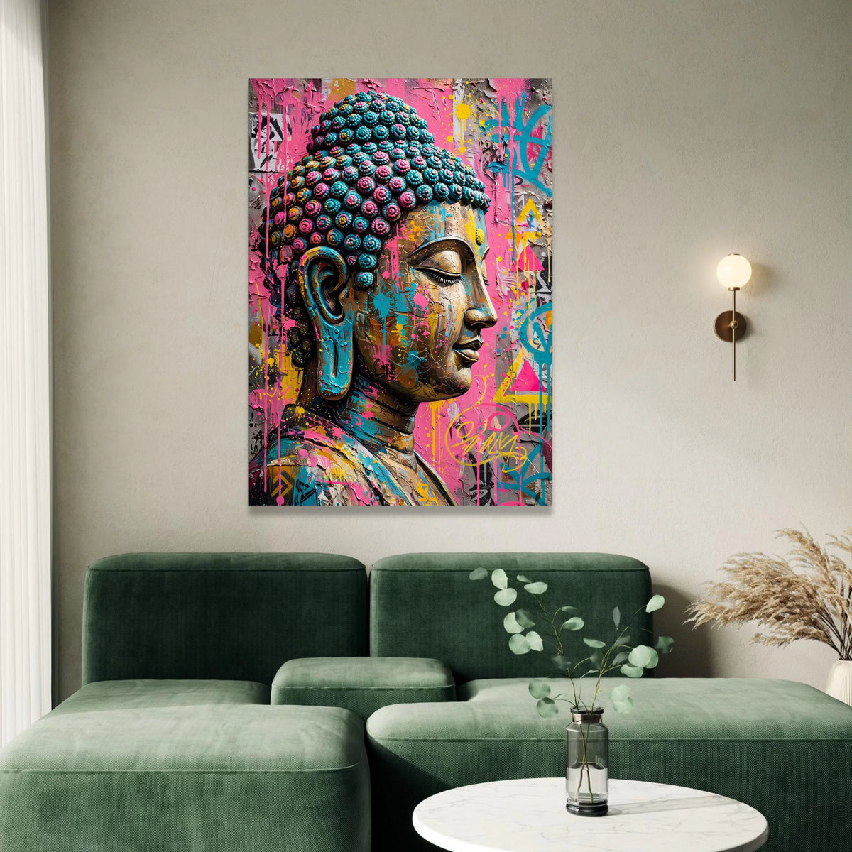 Vibrant Buddha Head Canvas, Urban Street Art Wall Decor, Colorful Spiritual Canvas, Modern Meditation Art, Ready to Hang Canvas Print Art