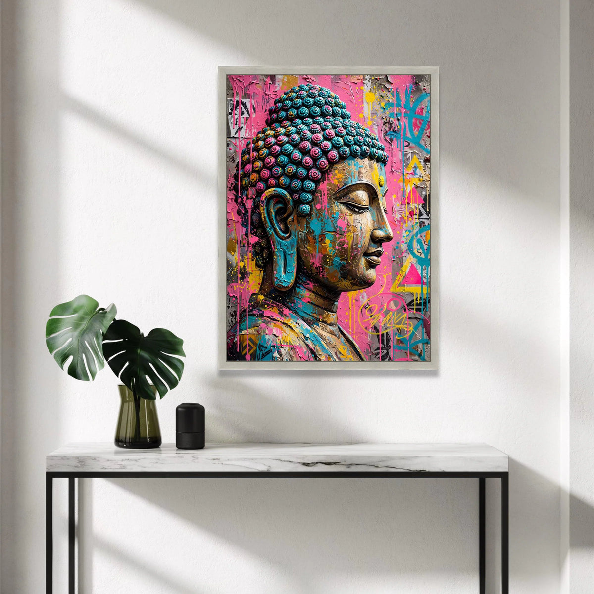 Vibrant Buddha Head Canvas, Urban Street Art Wall Decor, Colorful Spiritual Canvas, Modern Meditation Art, Ready to Hang Canvas Print Art