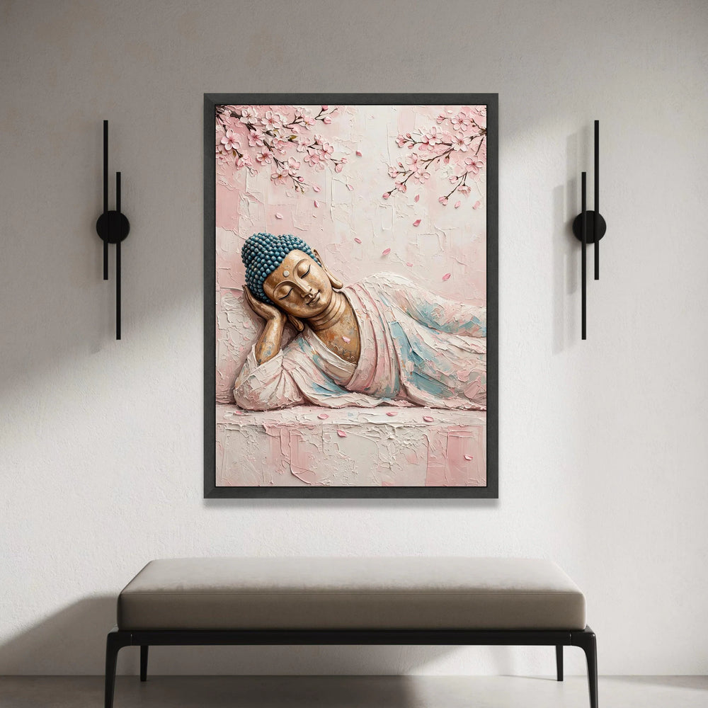 Serene Reclining Buddha Canvas, Cherry Blossom Branches Wall Art, Peaceful Meditation Decor, Zen Home Canvas, Spiritual Art Canvas Print Art