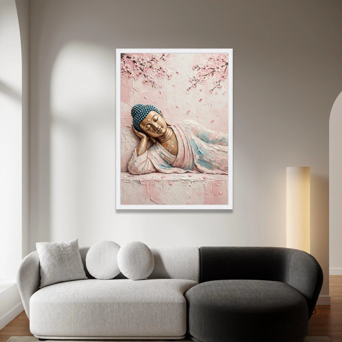 Serene Reclining Buddha Canvas, Cherry Blossom Branches Wall Art, Peaceful Meditation Decor, Zen Home Canvas, Spiritual Art Canvas Print Art