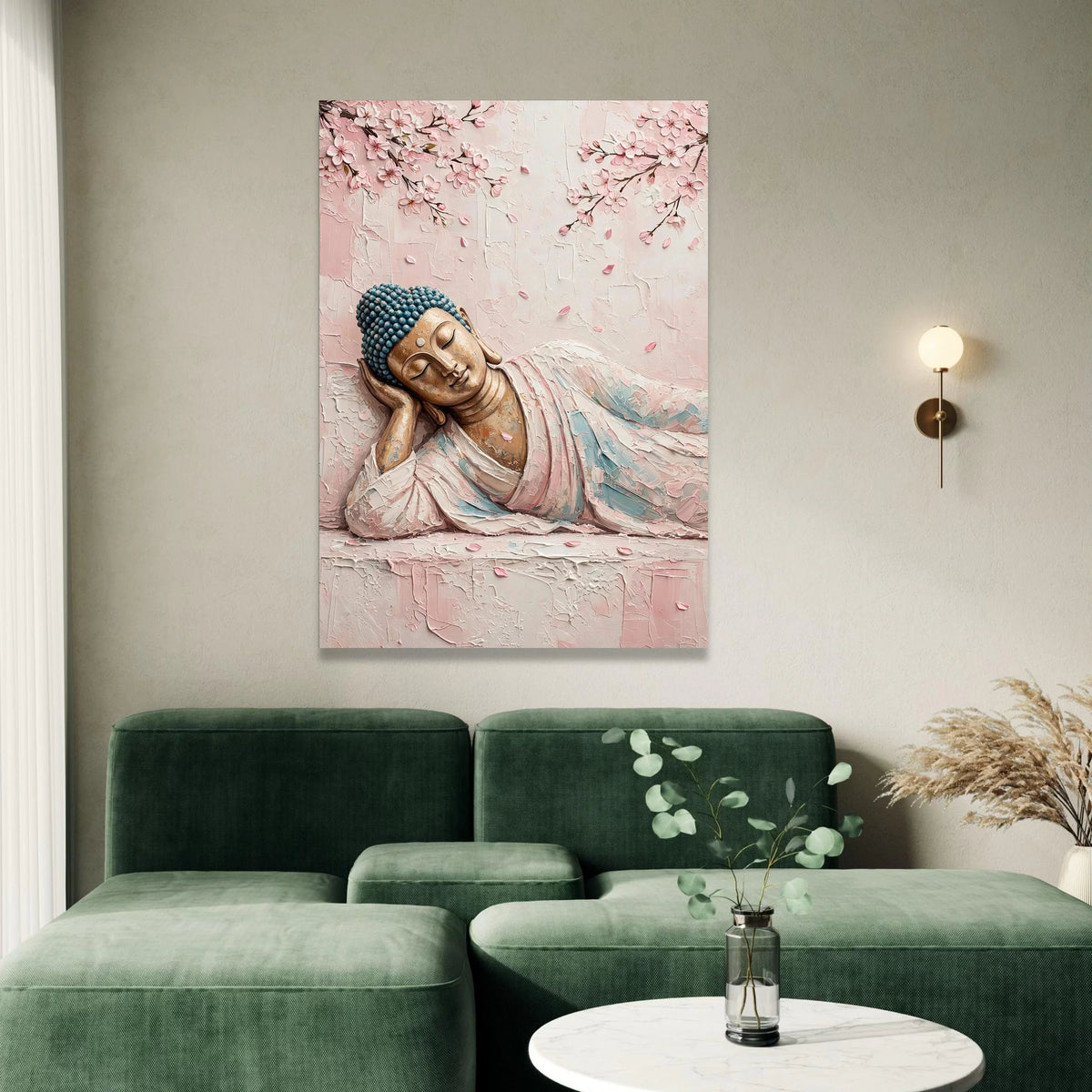 Serene Reclining Buddha Canvas, Cherry Blossom Branches Wall Art, Peaceful Meditation Decor, Zen Home Canvas, Spiritual Art Canvas Print Art