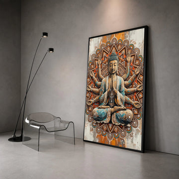 Meditating Buddha Canvas Wall Art, Spiritual Mandala Design, Zen Home Decor, Multi-Armed Buddha Artwork, Peaceful Canvas Print Art