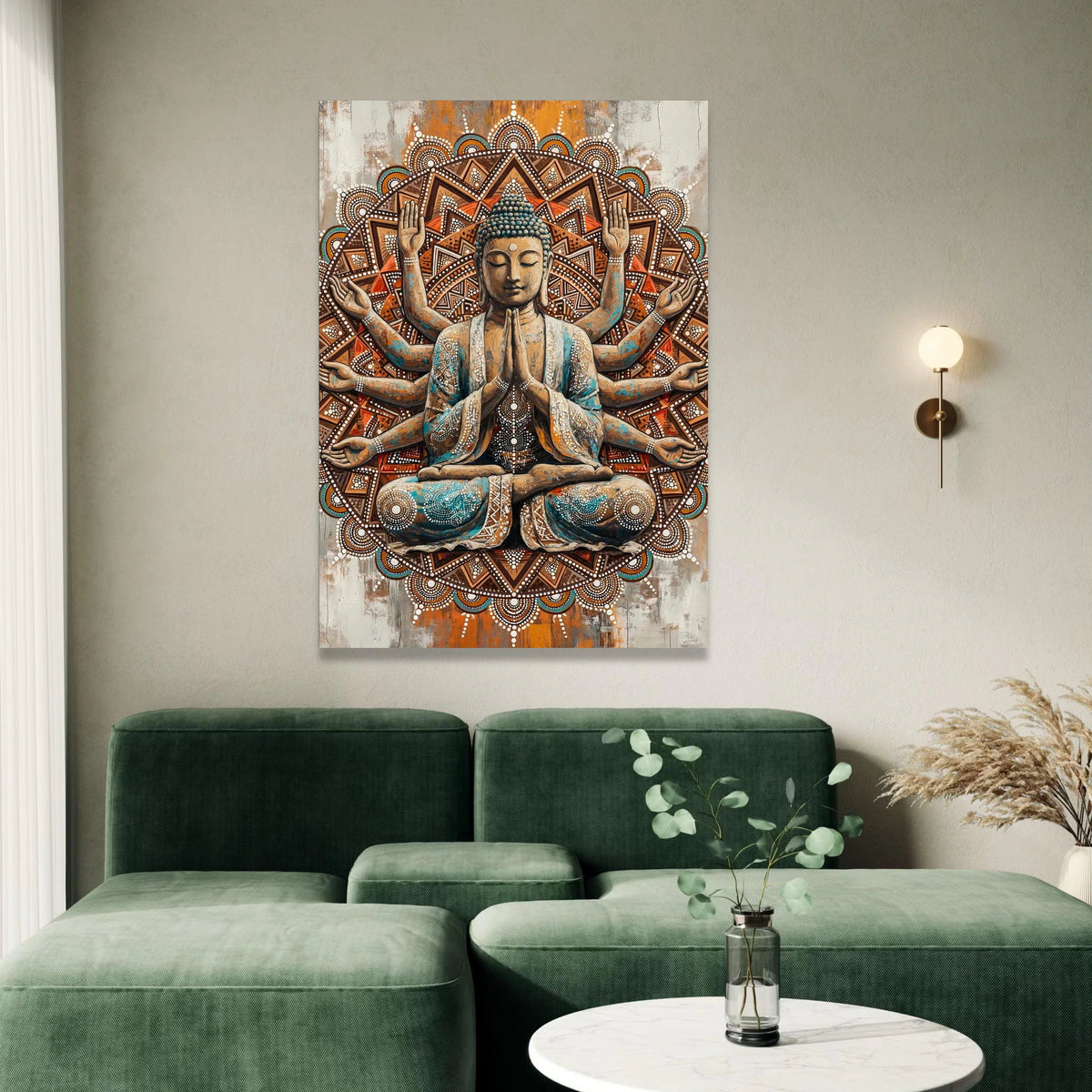 Meditating Buddha Canvas Wall Art, Spiritual Mandala Design, Zen Home Decor, Multi-Armed Buddha Artwork, Peaceful Canvas Print Art