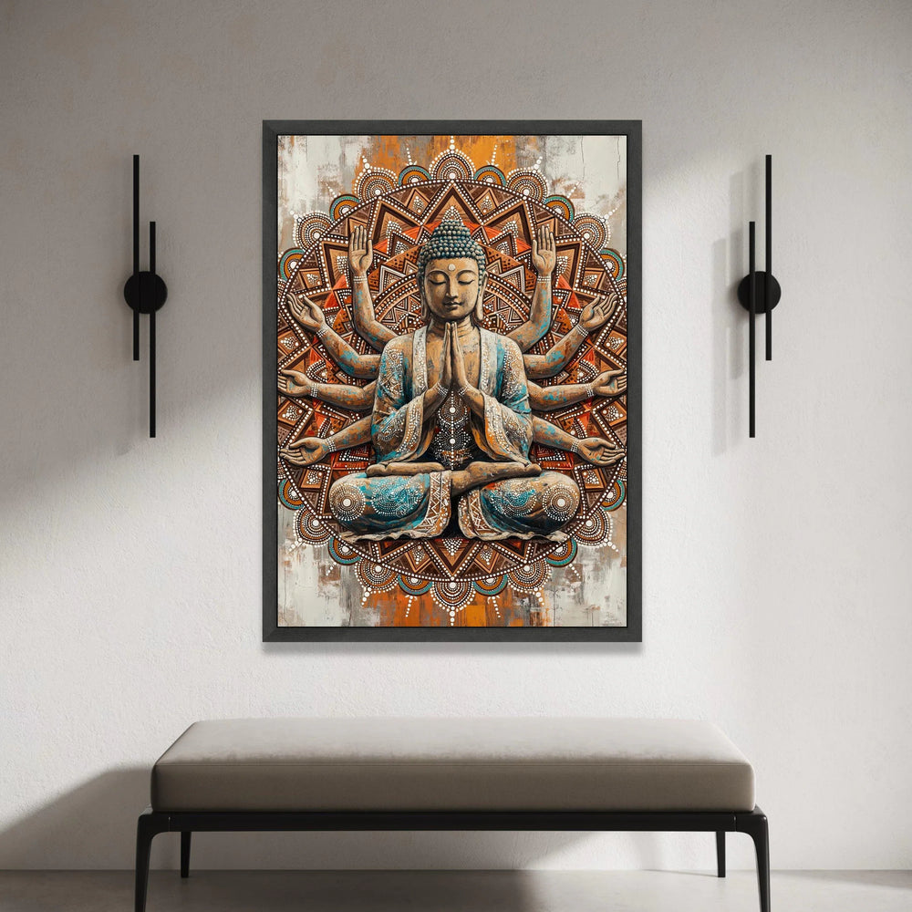 Meditating Buddha Canvas Wall Art, Spiritual Mandala Design, Zen Home Decor, Multi-Armed Buddha Artwork, Peaceful Canvas Print Art