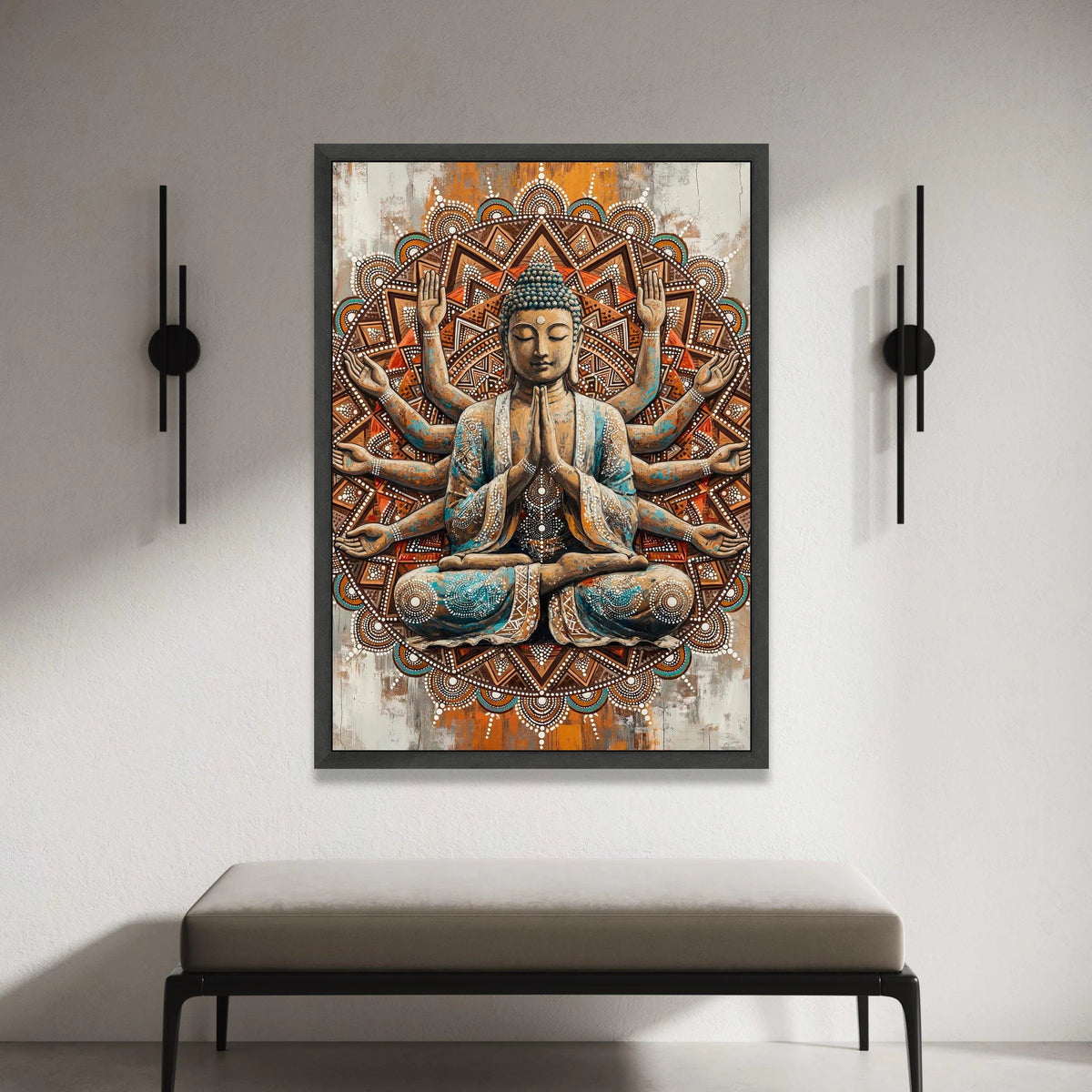 Meditating Buddha Canvas Wall Art, Spiritual Mandala Design, Zen Home Decor, Multi-Armed Buddha Artwork, Peaceful Canvas Print Art