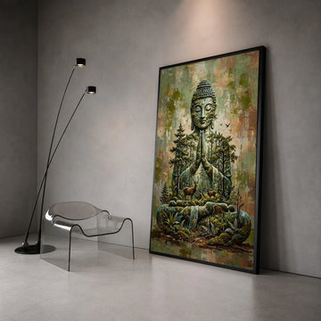 Serene Buddha Meditation Canvas, Nature Harmony Wall Art, Forest and Deer Landscape, Spiritual Home Decor, Tranquil Canvas Canvas Print Art
