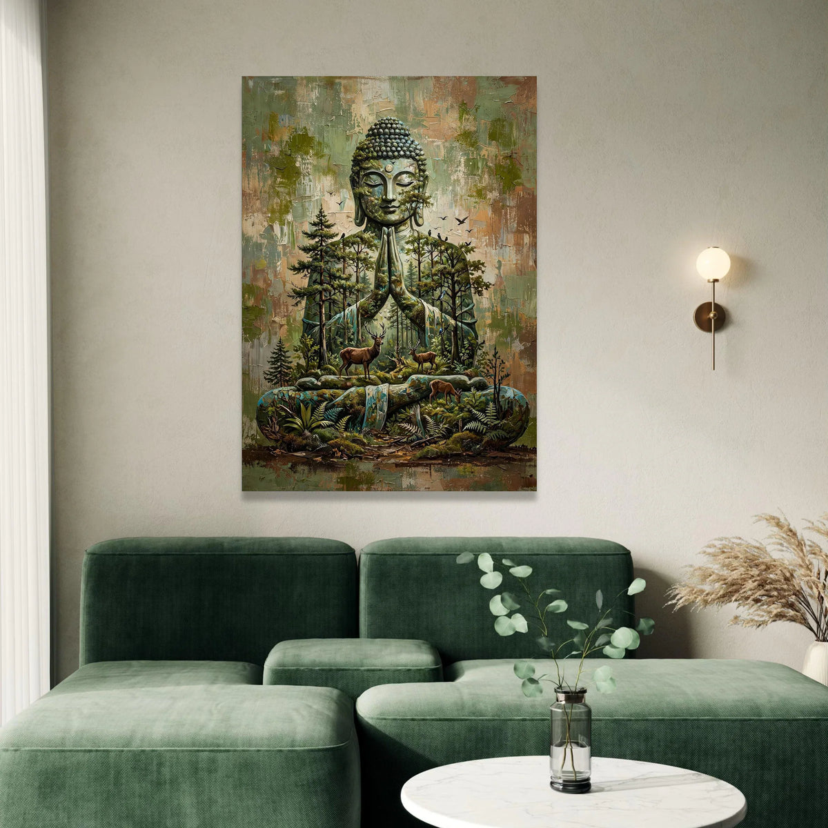 Serene Buddha Meditation Canvas, Nature Harmony Wall Art, Forest and Deer Landscape, Spiritual Home Decor, Tranquil Canvas Canvas Print Art