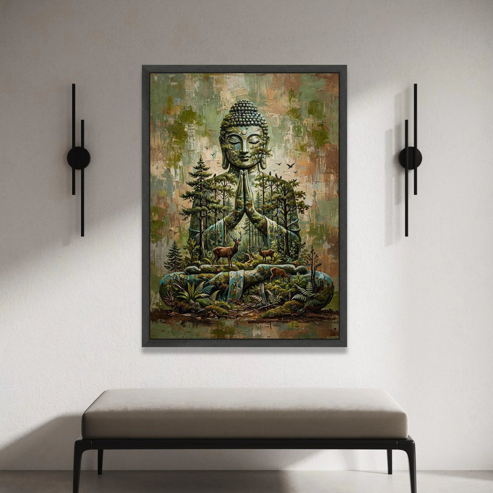 Serene Buddha Meditation Canvas, Nature Harmony Wall Art, Forest and Deer Landscape, Spiritual Home Decor, Tranquil Canvas Canvas Print Art