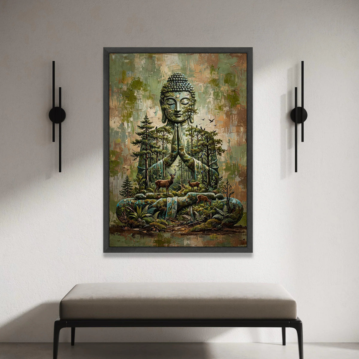 Serene Buddha Meditation Canvas, Nature Harmony Wall Art, Forest and Deer Landscape, Spiritual Home Decor, Tranquil Canvas Canvas Print Art