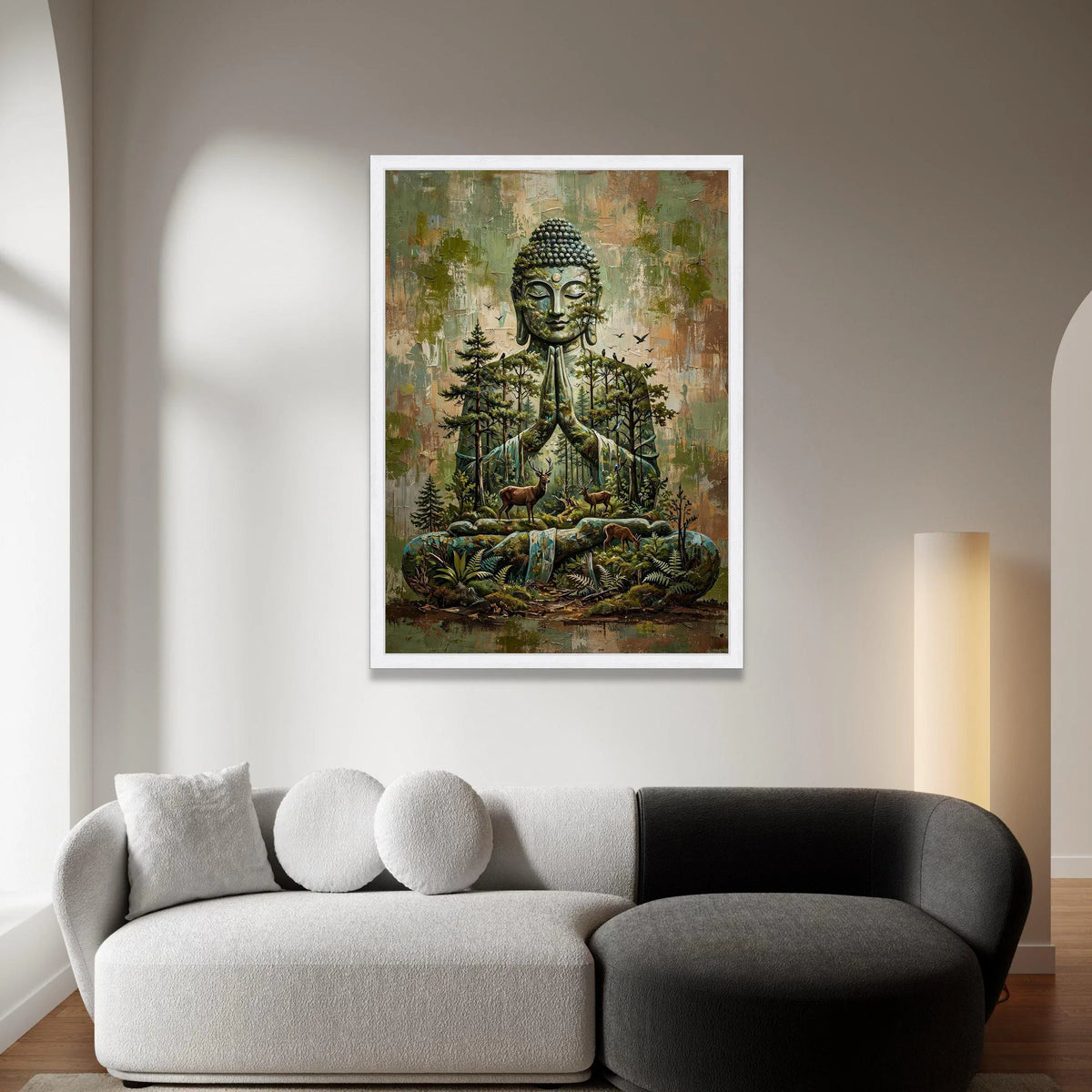 Serene Buddha Meditation Canvas, Nature Harmony Wall Art, Forest and Deer Landscape, Spiritual Home Decor, Tranquil Canvas Canvas Print Art