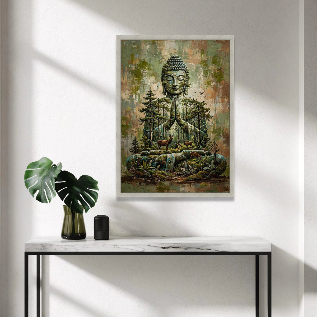 Serene Buddha Meditation Canvas, Nature Harmony Wall Art, Forest and Deer Landscape, Spiritual Home Decor, Tranquil Canvas Canvas Print Art
