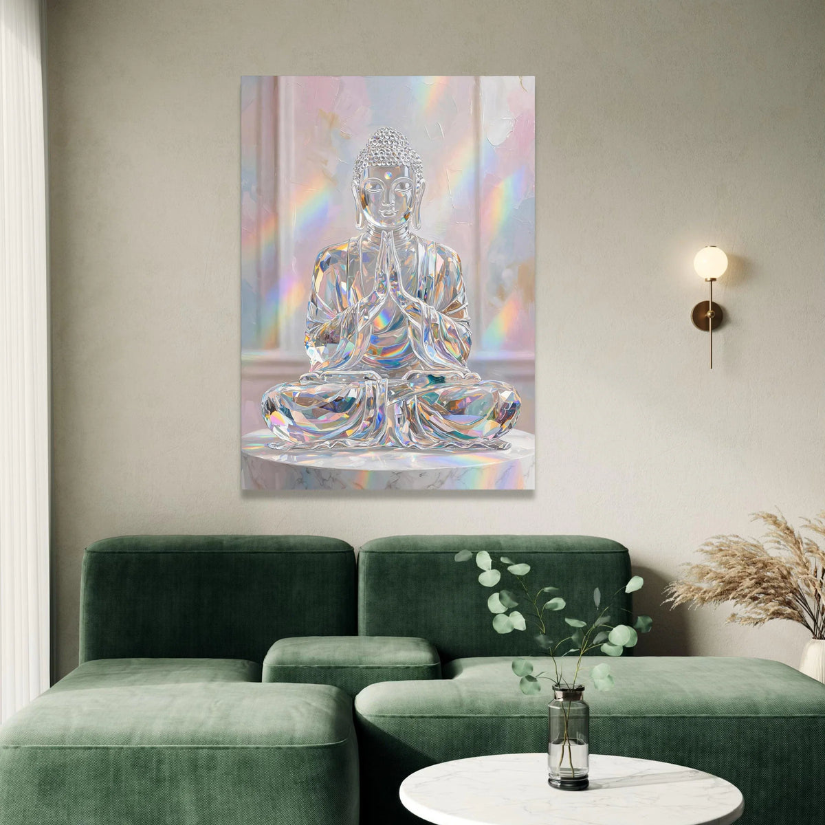 Crystal Buddha Statue Canvas, Spiritual Meditation Art, Rainbow Light Wall Decor, Serene Sacred Figure Canvas, Modern Zen Canvas Print Art