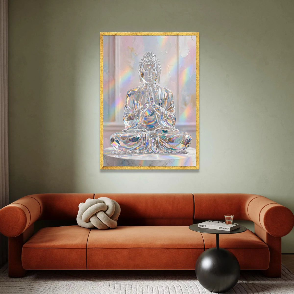 Crystal Buddha Statue Canvas, Spiritual Meditation Art, Rainbow Light Wall Decor, Serene Sacred Figure Canvas, Modern Zen Canvas Print Art