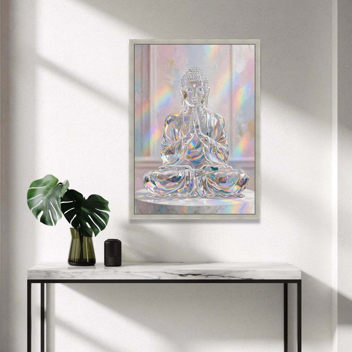 Crystal Buddha Statue Canvas, Spiritual Meditation Art, Rainbow Light Wall Decor, Serene Sacred Figure Canvas, Modern Zen Canvas Print Art