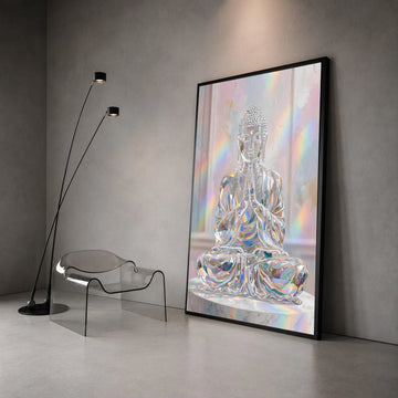 Crystal Buddha Statue Canvas, Spiritual Meditation Art, Rainbow Light Wall Decor, Serene Sacred Figure Canvas, Modern Zen Canvas Print Art
