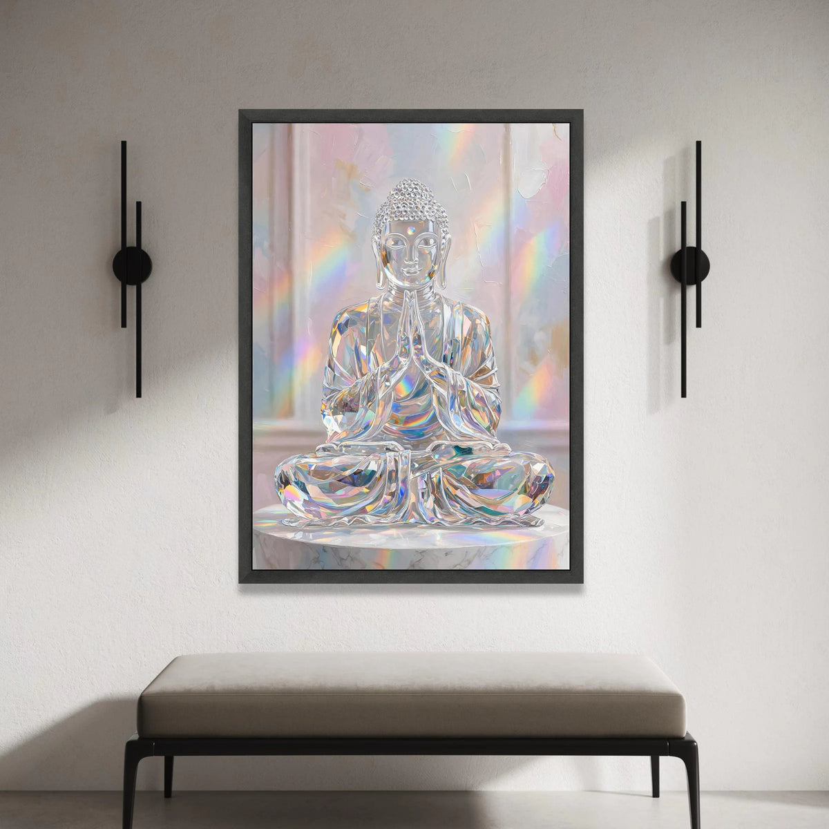 Crystal Buddha Statue Canvas, Spiritual Meditation Art, Rainbow Light Wall Decor, Serene Sacred Figure Canvas, Modern Zen Canvas Print Art