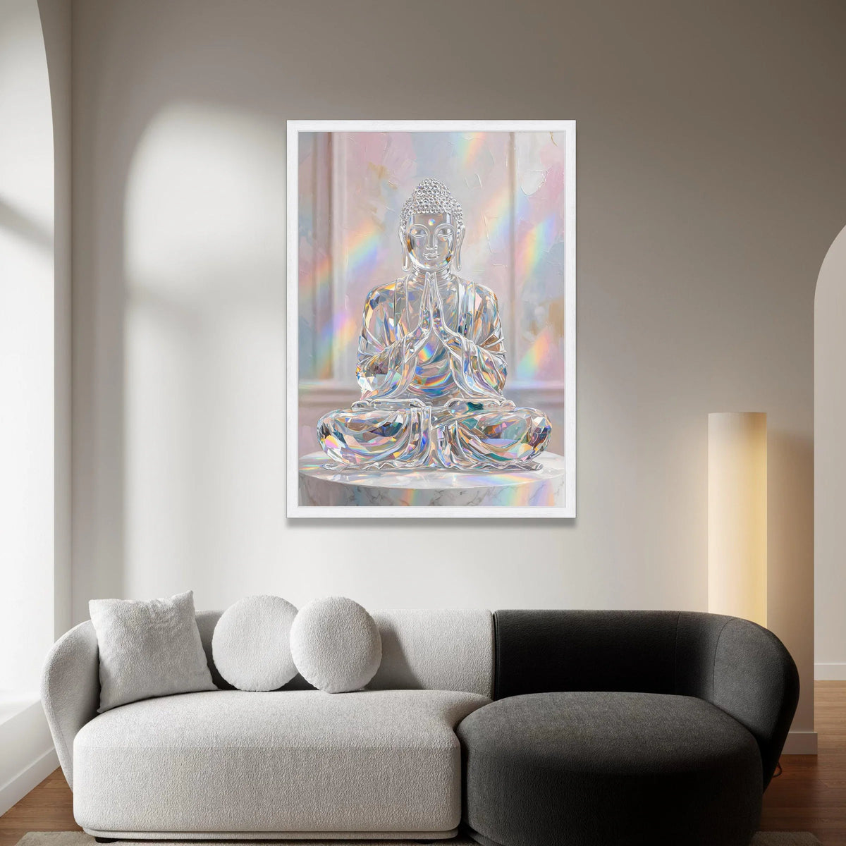 Crystal Buddha Statue Canvas, Spiritual Meditation Art, Rainbow Light Wall Decor, Serene Sacred Figure Canvas, Modern Zen Canvas Print Art