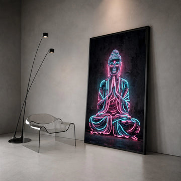 Neon Buddha Statue Canvas, Modern Meditation Wall Art, Spiritual Home Decor, Contemporary Neon Light Canvas, Zen Yoga Room Canvas Print Art