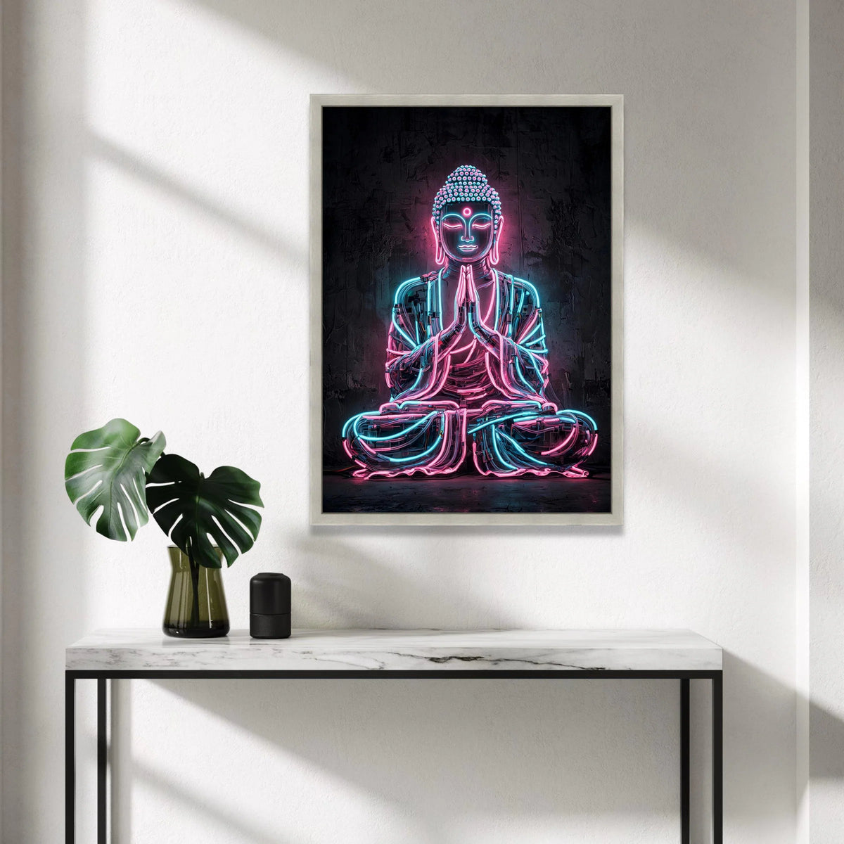 Neon Buddha Statue Canvas, Modern Meditation Wall Art, Spiritual Home Decor, Contemporary Neon Light Canvas, Zen Yoga Room Canvas Print Art