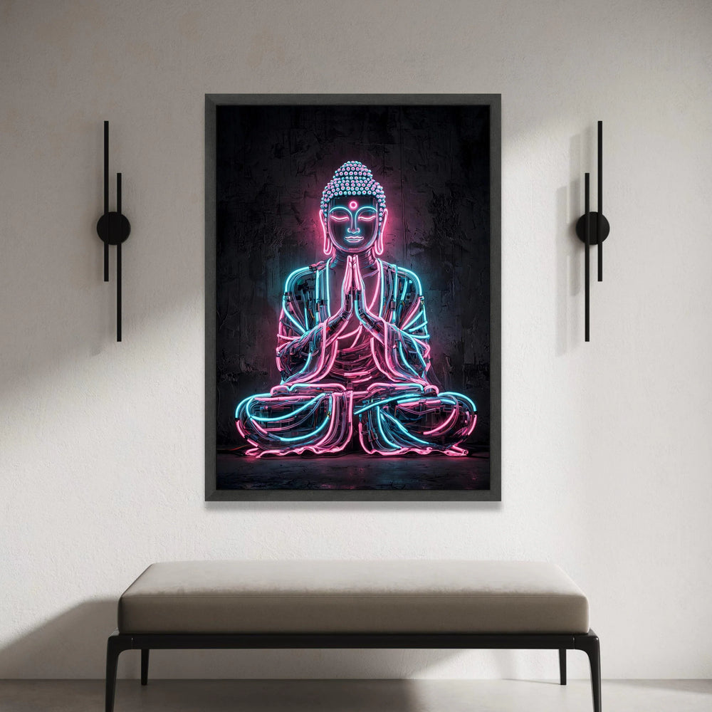 Neon Buddha Statue Canvas, Modern Meditation Wall Art, Spiritual Home Decor, Contemporary Neon Light Canvas, Zen Yoga Room Canvas Print Art