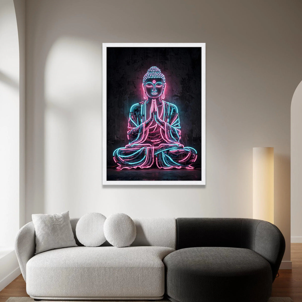 Neon Buddha Statue Canvas, Modern Meditation Wall Art, Spiritual Home Decor, Contemporary Neon Light Canvas, Zen Yoga Room Canvas Print Art